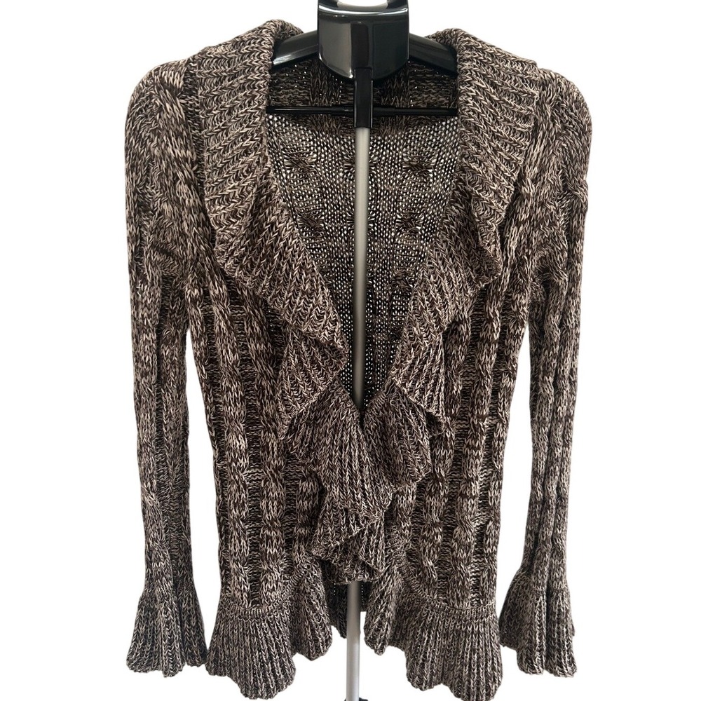 INC International Concepts Ruffled Knit Cardigan Sweater Women's XL Brown White